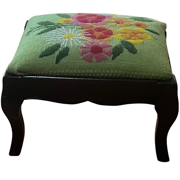 Handmade Other - Vintage Needlepoint Footstool Floral Wood Cabriole Legs Queen Anne Green Brown